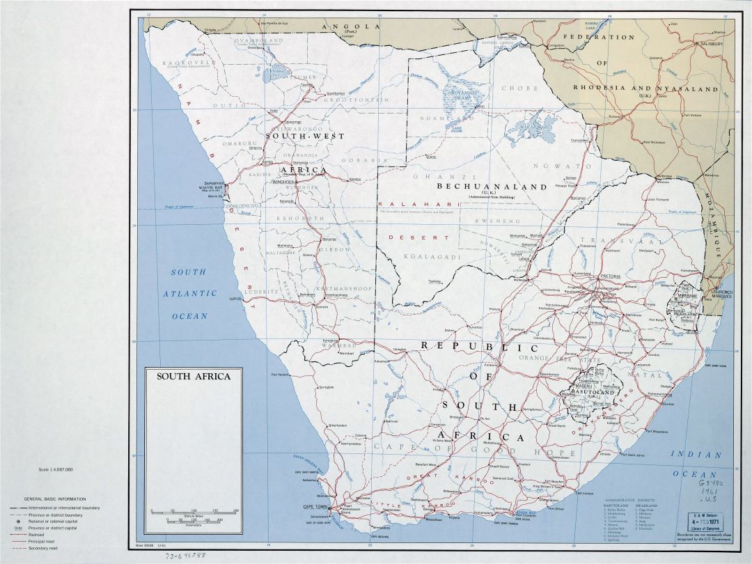 Large detailed political map of South Africa with roads, railroads and major cities - 1961