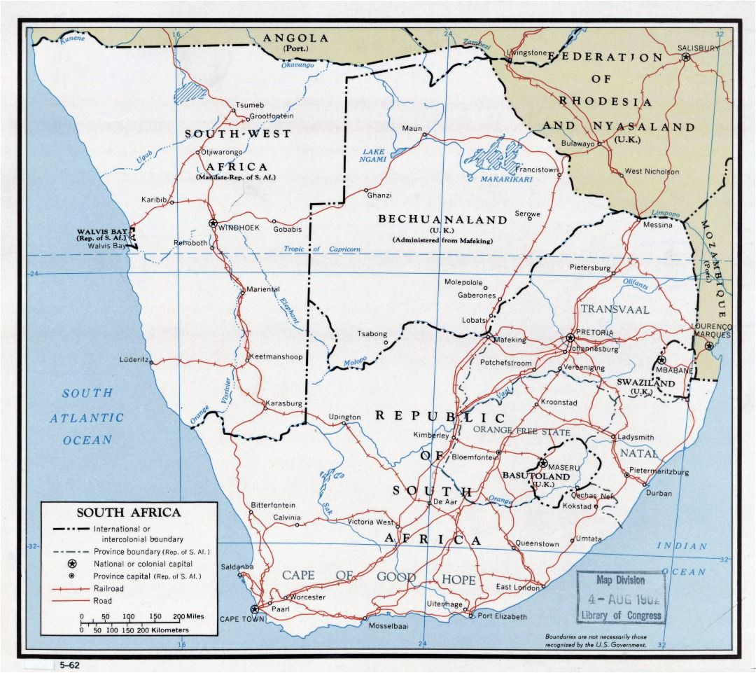 Large detailed political map of South Africa with roads, railroads and major cities - 1962