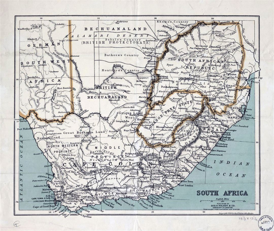 Large old political map of South Africa with relief - 1899