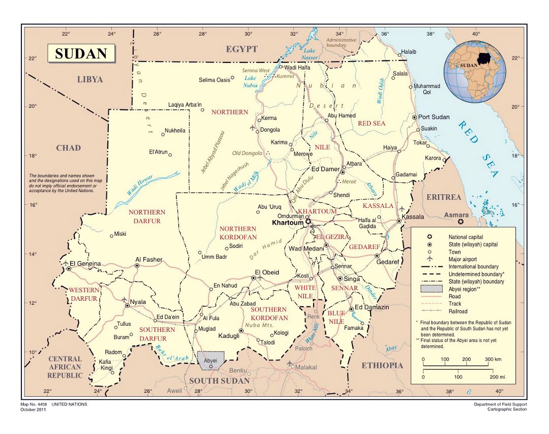 Detailed political and administrative map of South Sudan with roads, railroads, cities and airports