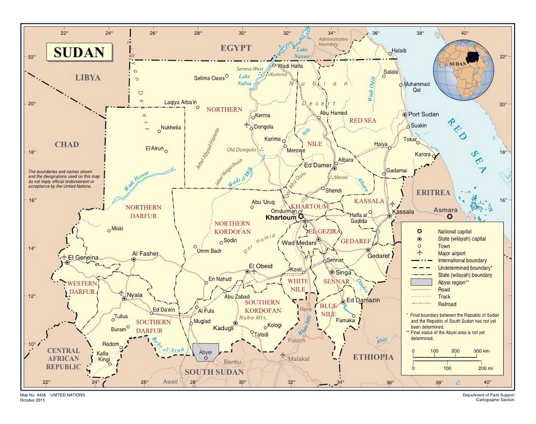 Detailed political and administrative map of South Sudan with roads, railroads, cities and airports