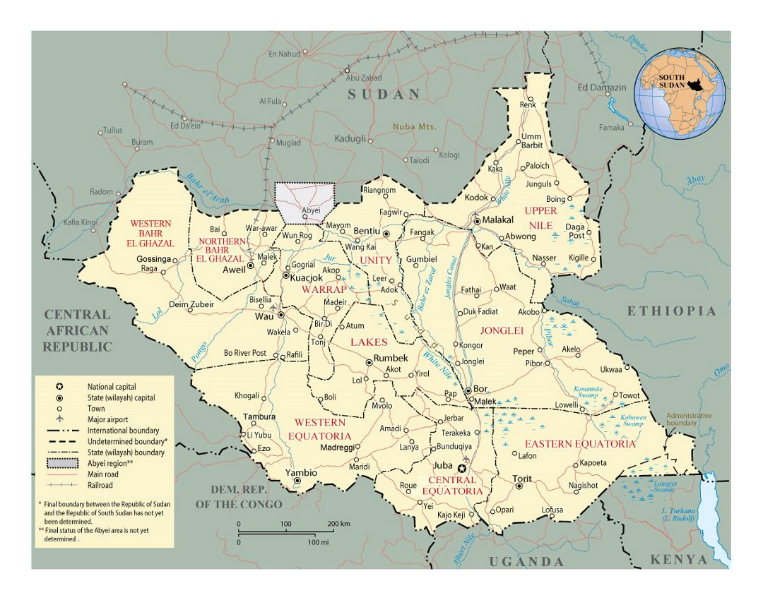 Detailed political and administrative map of South Sudan with roads, railroads, major cities and airports