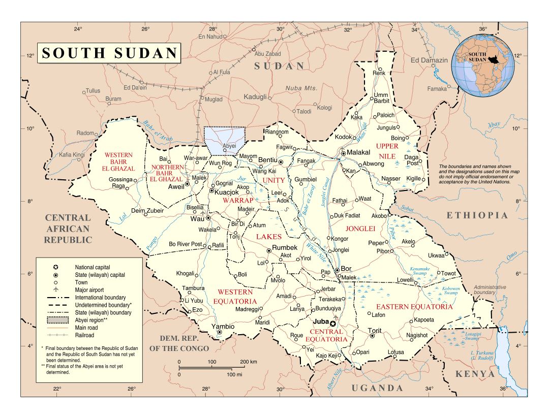 Large detailed political and administrative map of South Sudan with roads, railroads, cities and airports