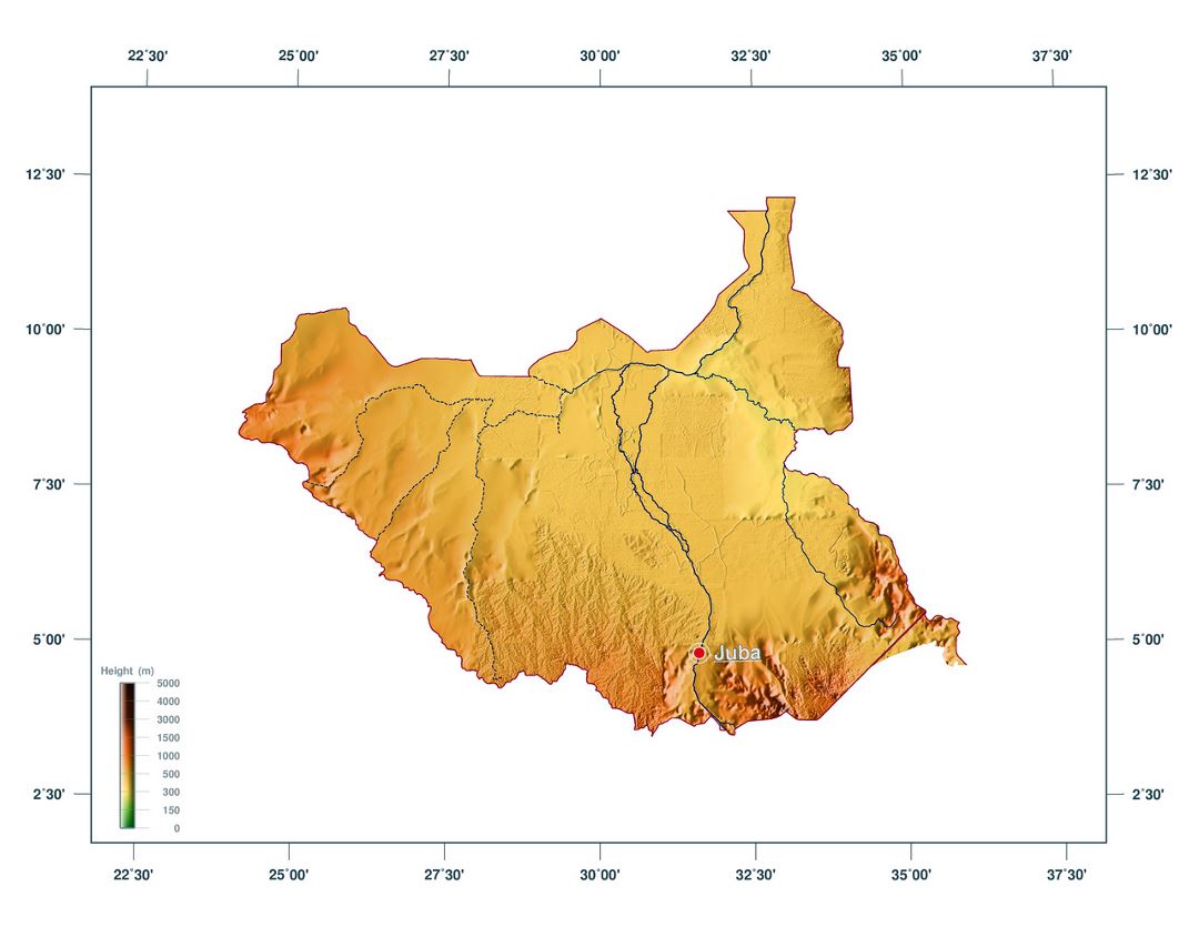 Large elevation map of South Sudan