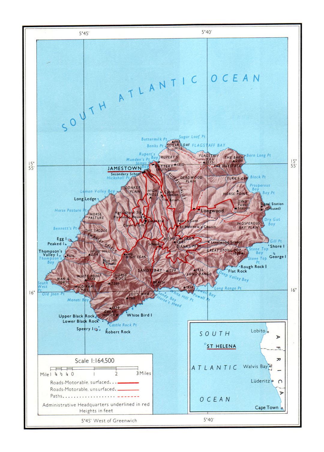 Detailed political and administrative map of St. Helena with relief, roads and cities