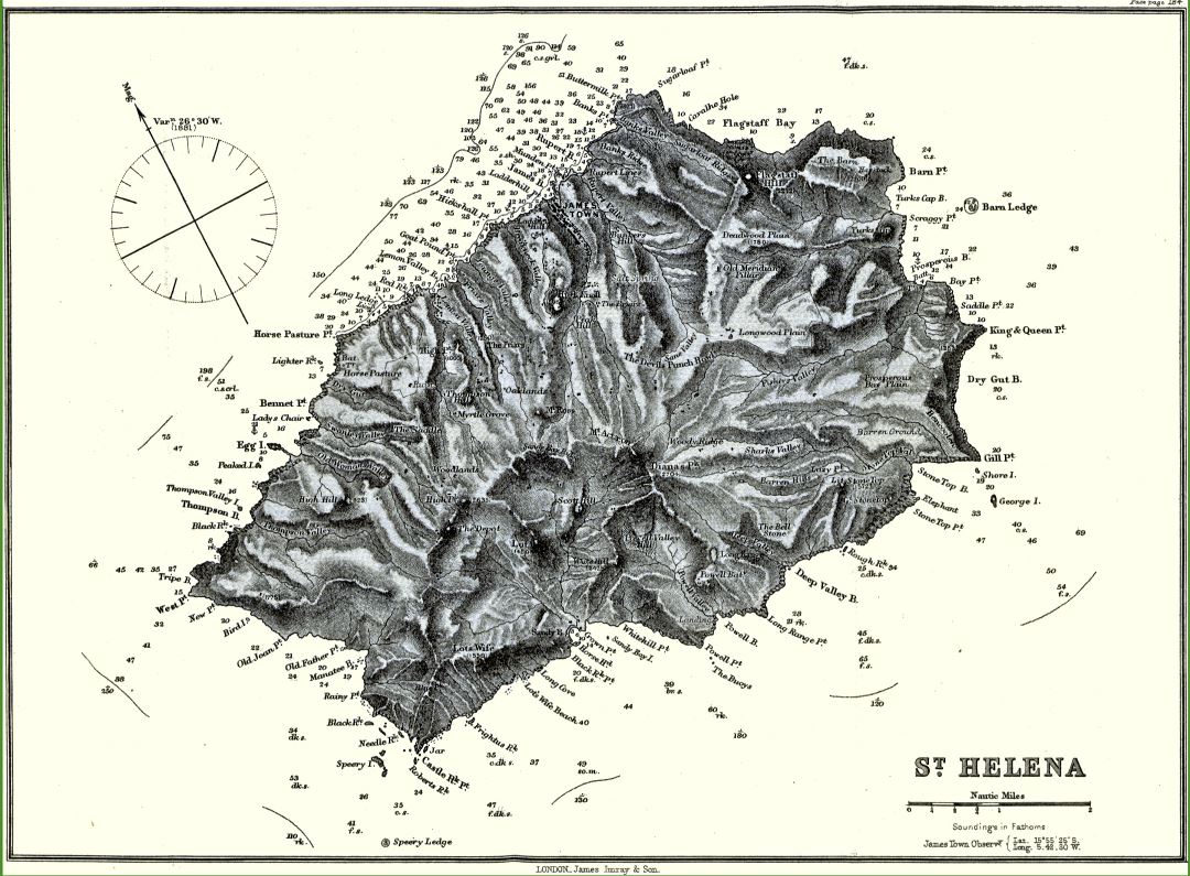 Large detailed old topographical map of St. Helena - 1884
