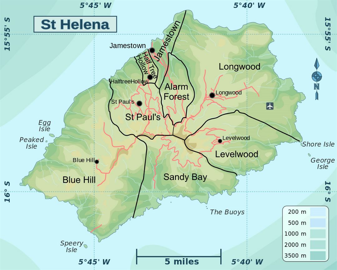 Large elevation map of St. Helena Island with districts