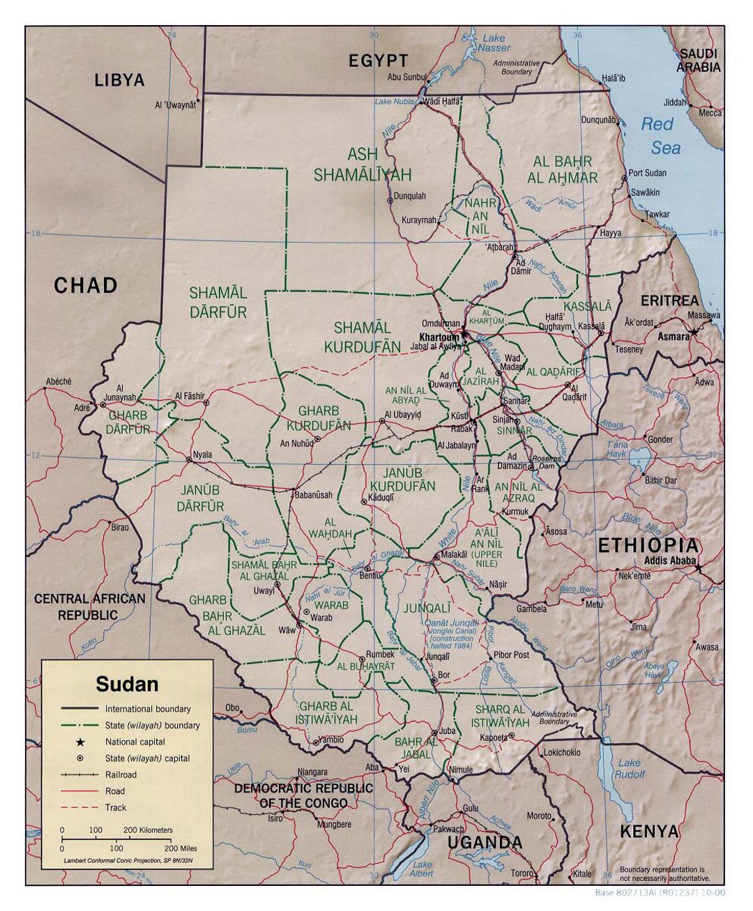 Detailed political and administrative map of Sudan with relief, roads, railroads and major cities - 2000