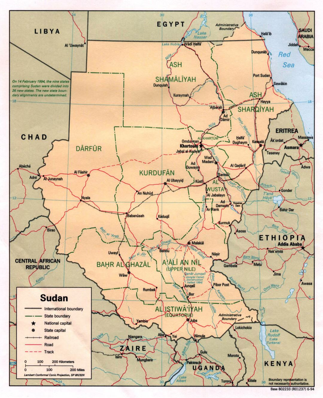 Detailed political and administrative map of Sudan with roads, railroads and major cities - 1994