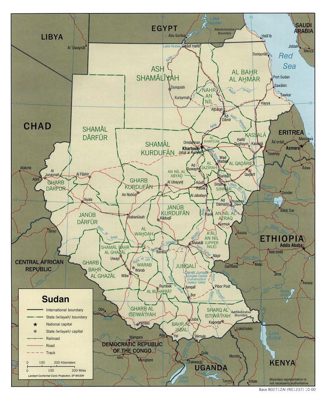 Detailed political and administrative map of Sudan with roads, railroads and major cities - 2000