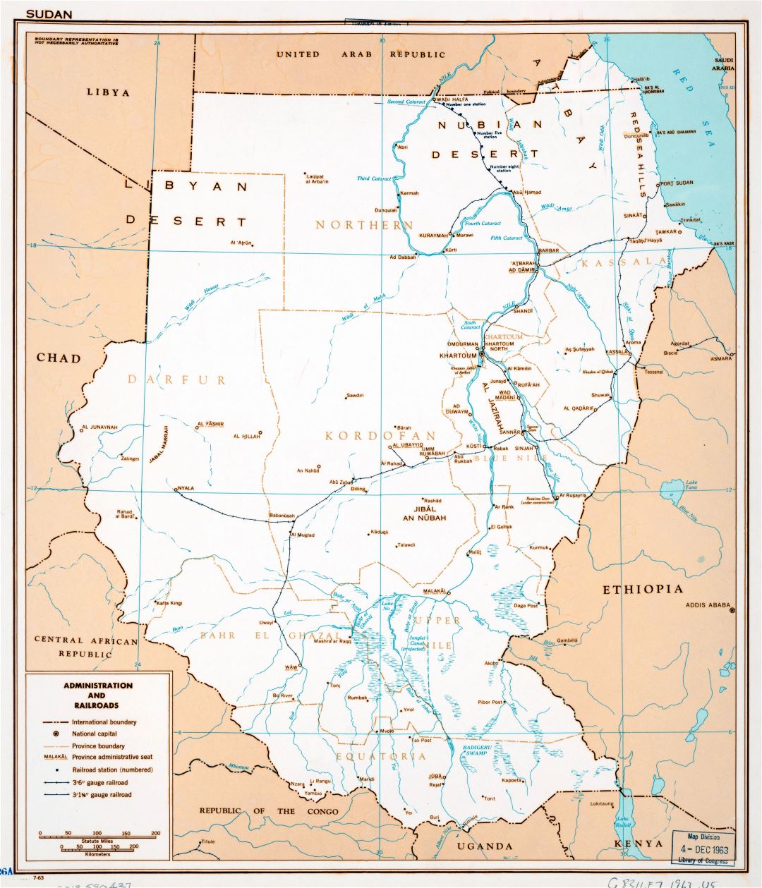 Large detailed administration and railroads map of Sudan - 1963