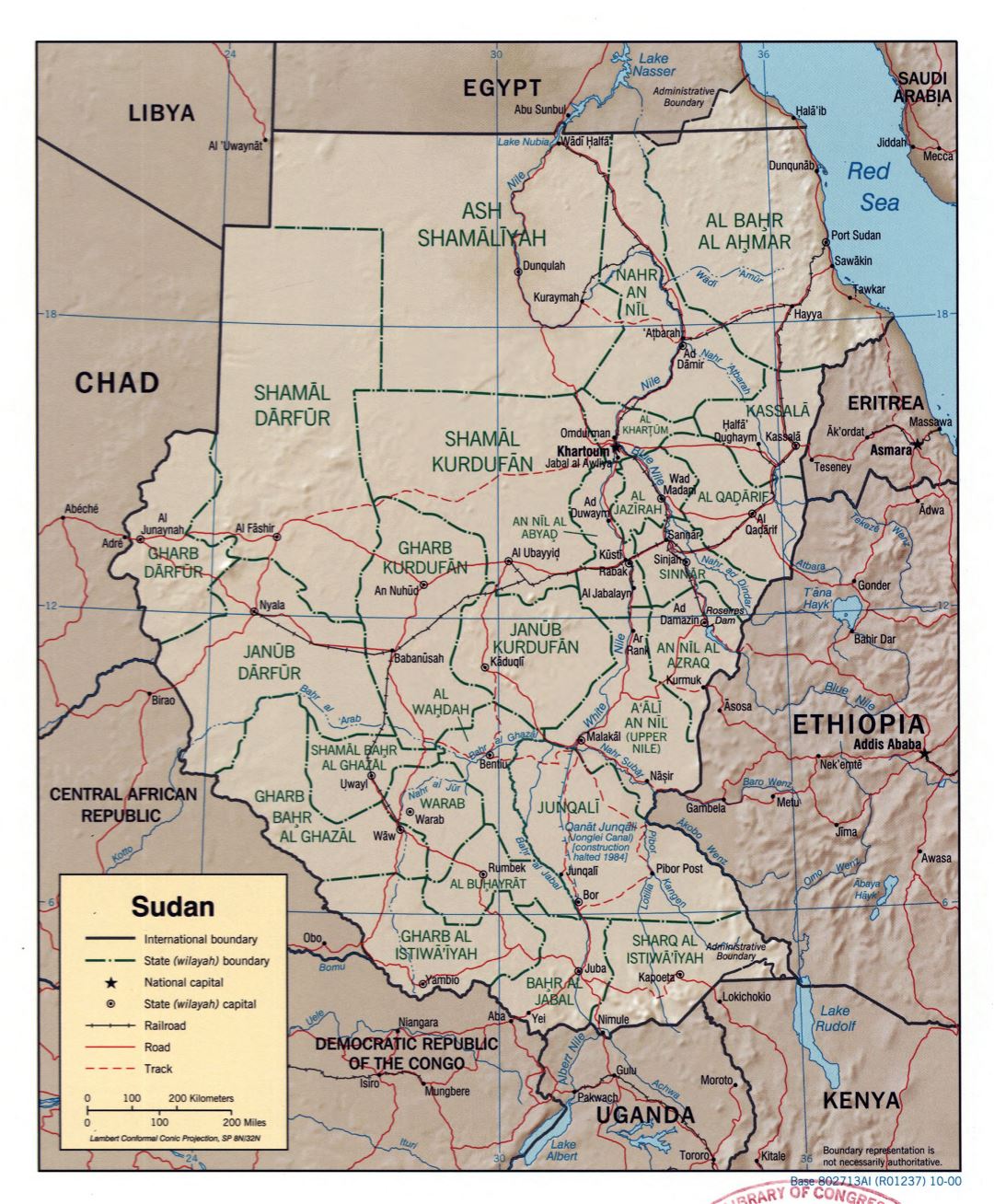 Large detailed political and administrative map of Sudan with relief, roads, railroads and major cities - 2000