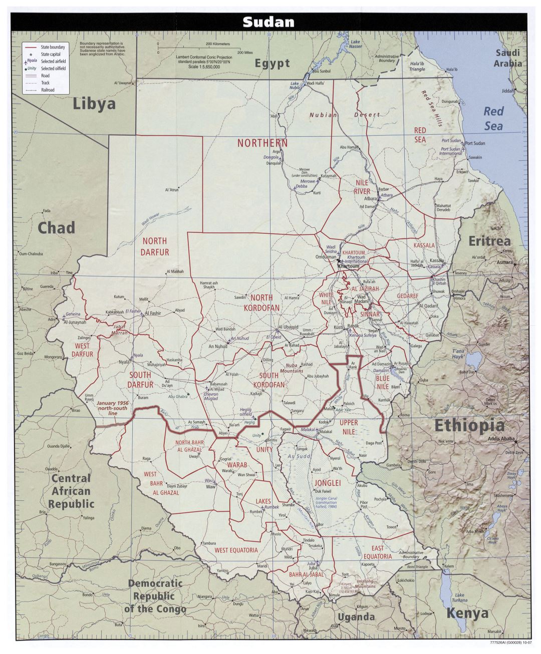 Large detailed political and administrative map of Sudan with relief, roads, railroads, cities and airports - 2007