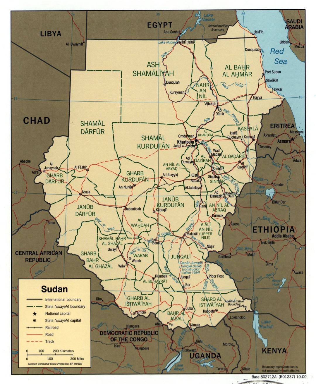 Large detailed political and administrative map of Sudan with roads, railroads and major cities - 2000
