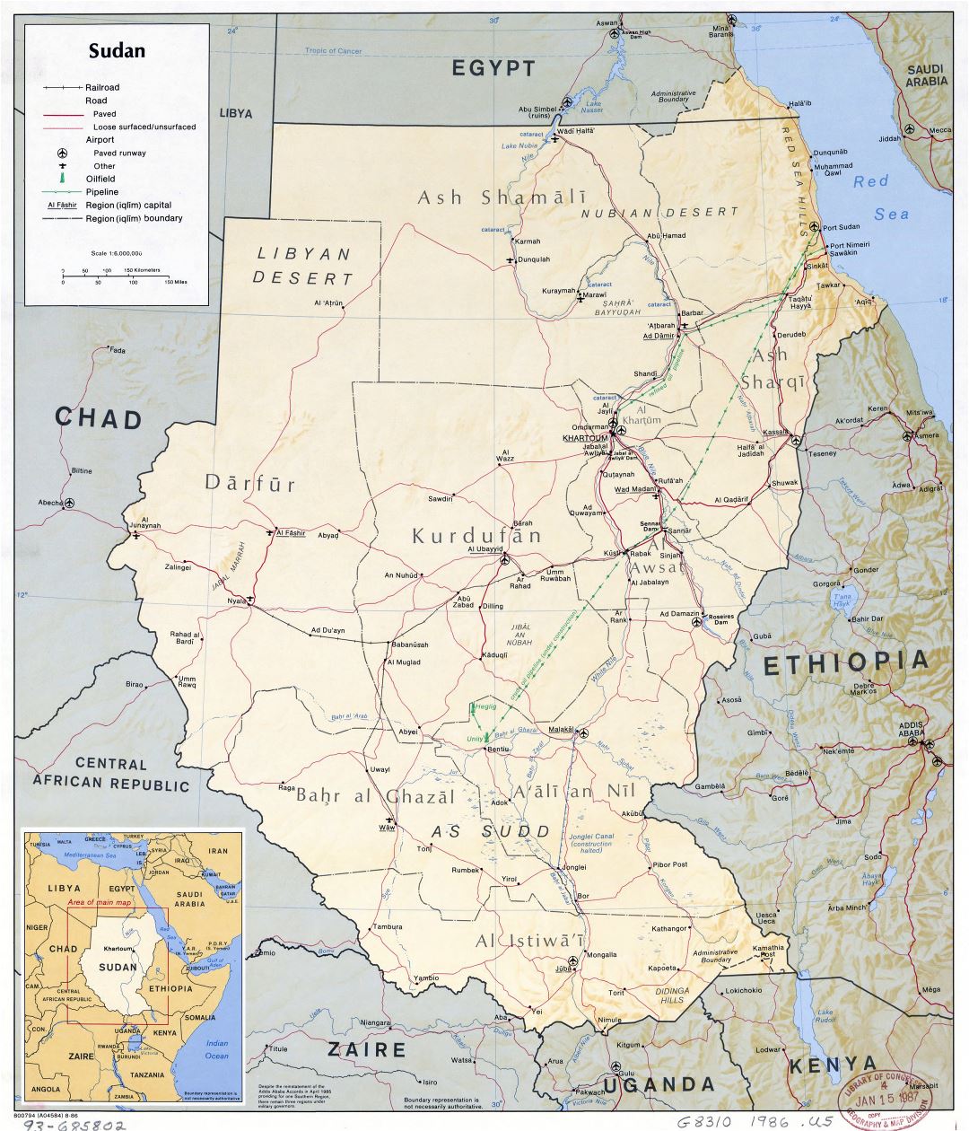 Large detailed political map of Sudan with relief, roads, railroads, major cities, airports and other marks - 1986