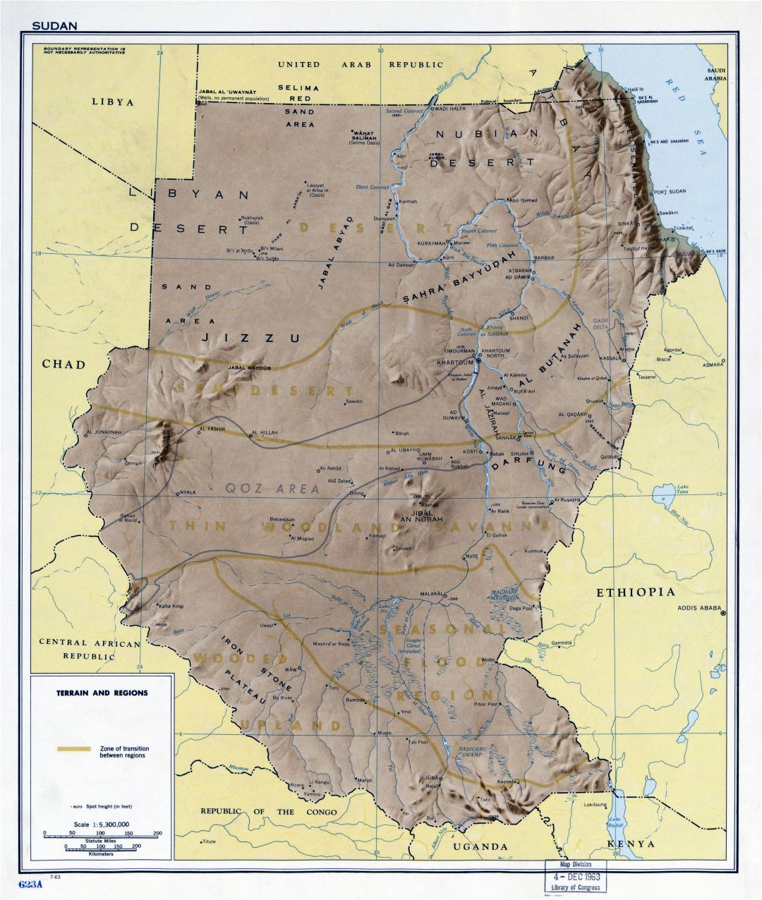 Large detailed terrain and regions map of Sudan - 1963