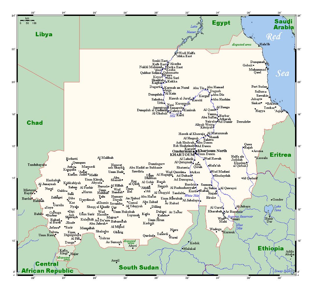Large map of Sudan with all cities