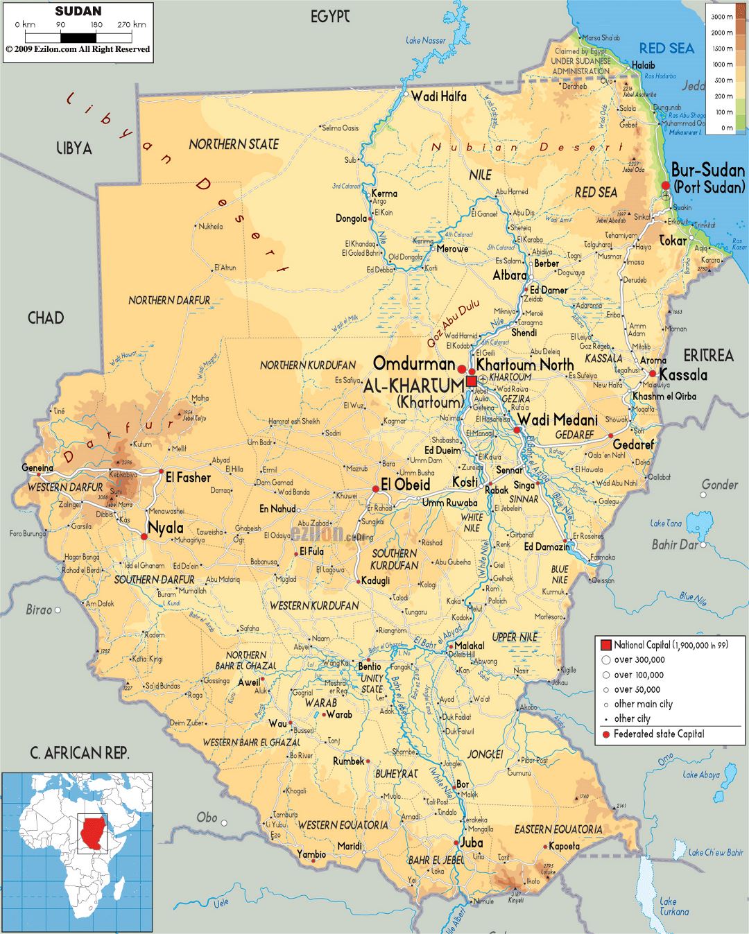 Large physical map of Sudan with roads, cities and airports