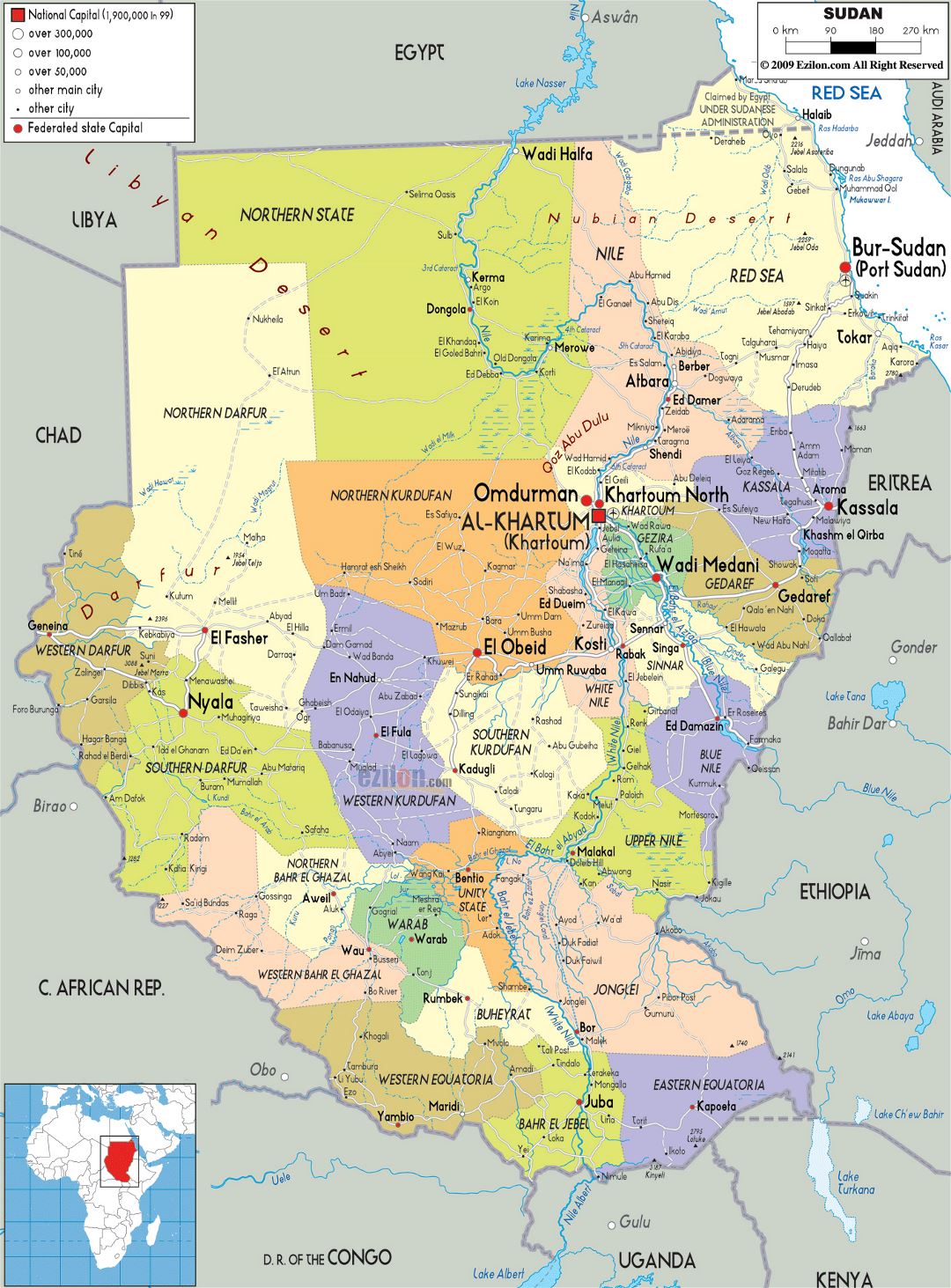 Large political and administrative map of Sudan with roads, cities and airports