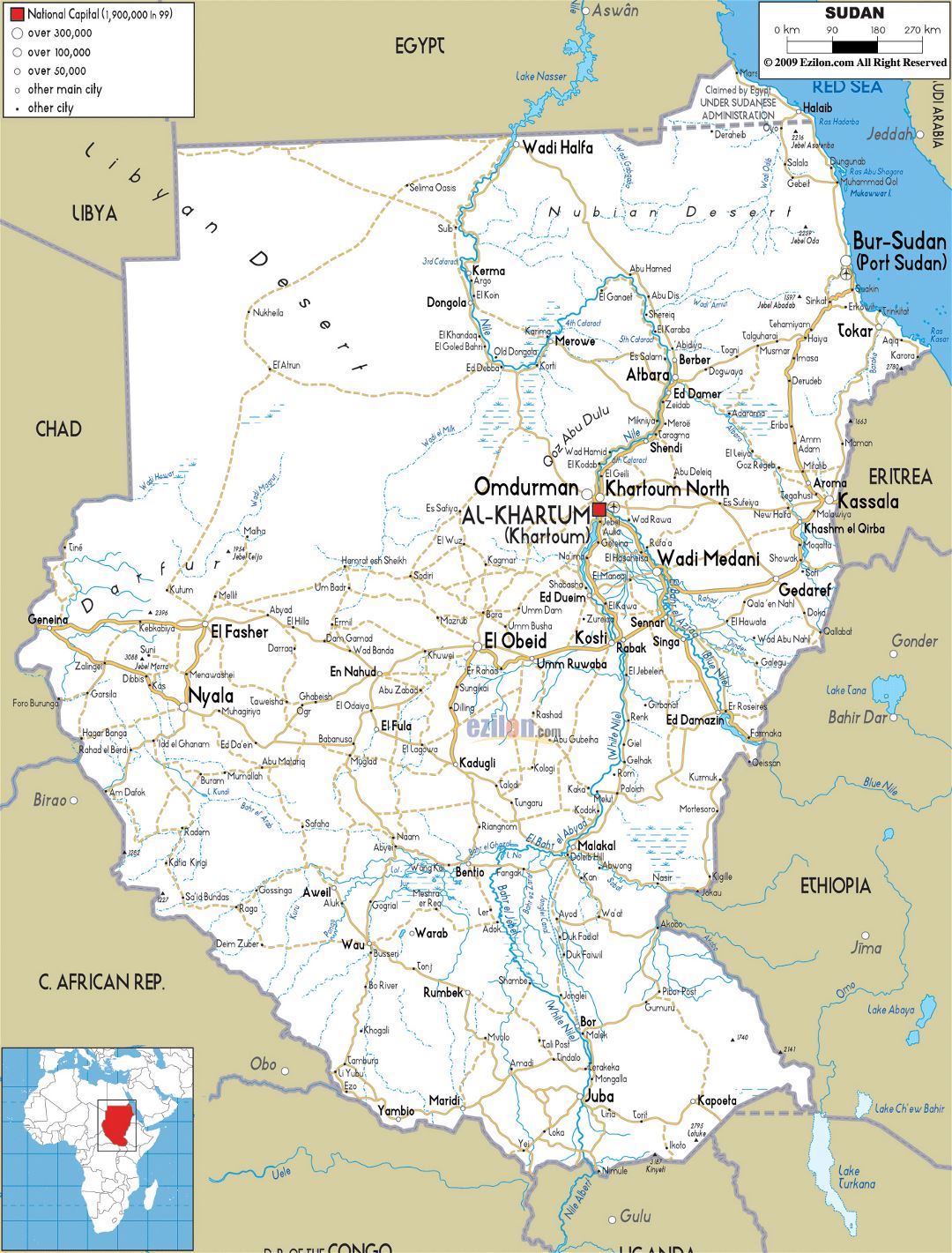 Large road map of Sudan with cities and airports