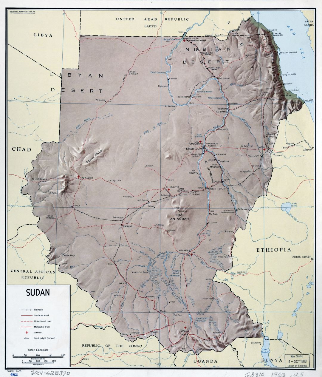 Large scale detailed political map of Sudan with relief, roads, railroads and airports - 1963