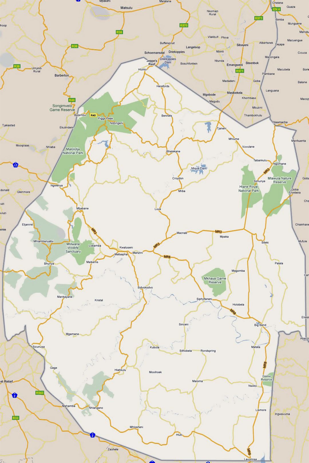 Detailed road map of Swaziland with all cities