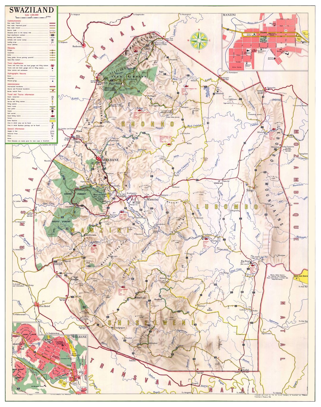 Large detailed map of Swaziland with other marks