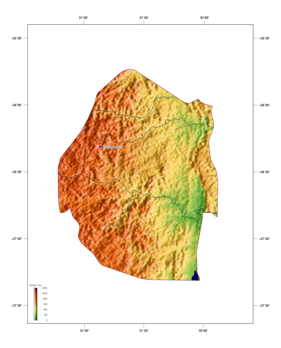 Large elevation map of Swaziland