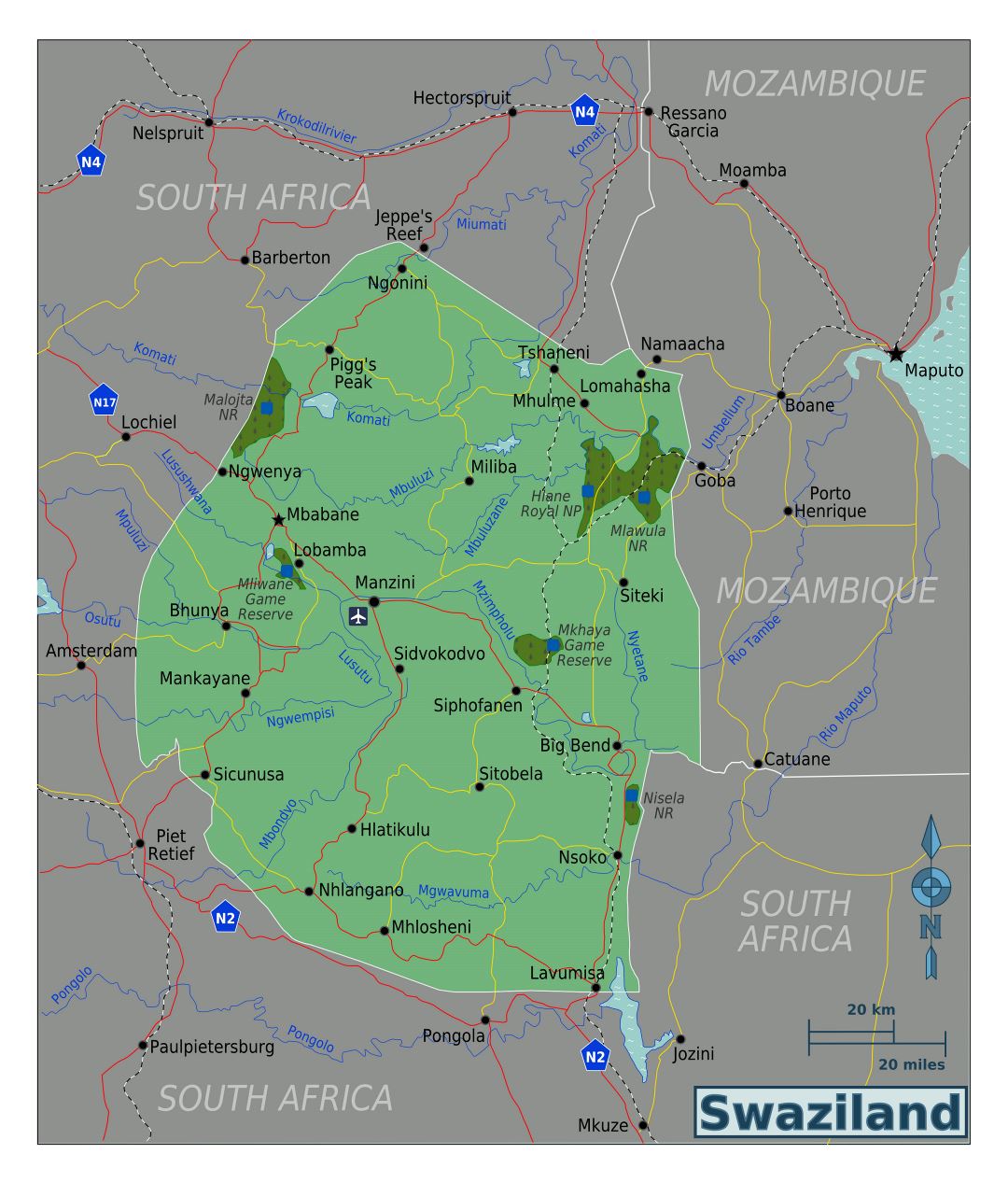 Large map of Swaziland with cities