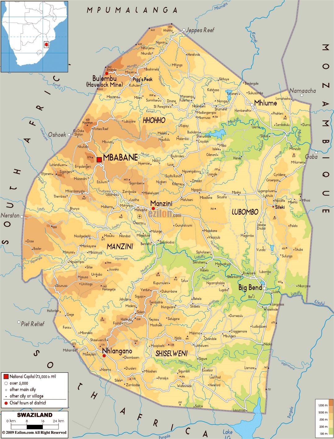 Large physical map of Swaziland with roads, cities and airports