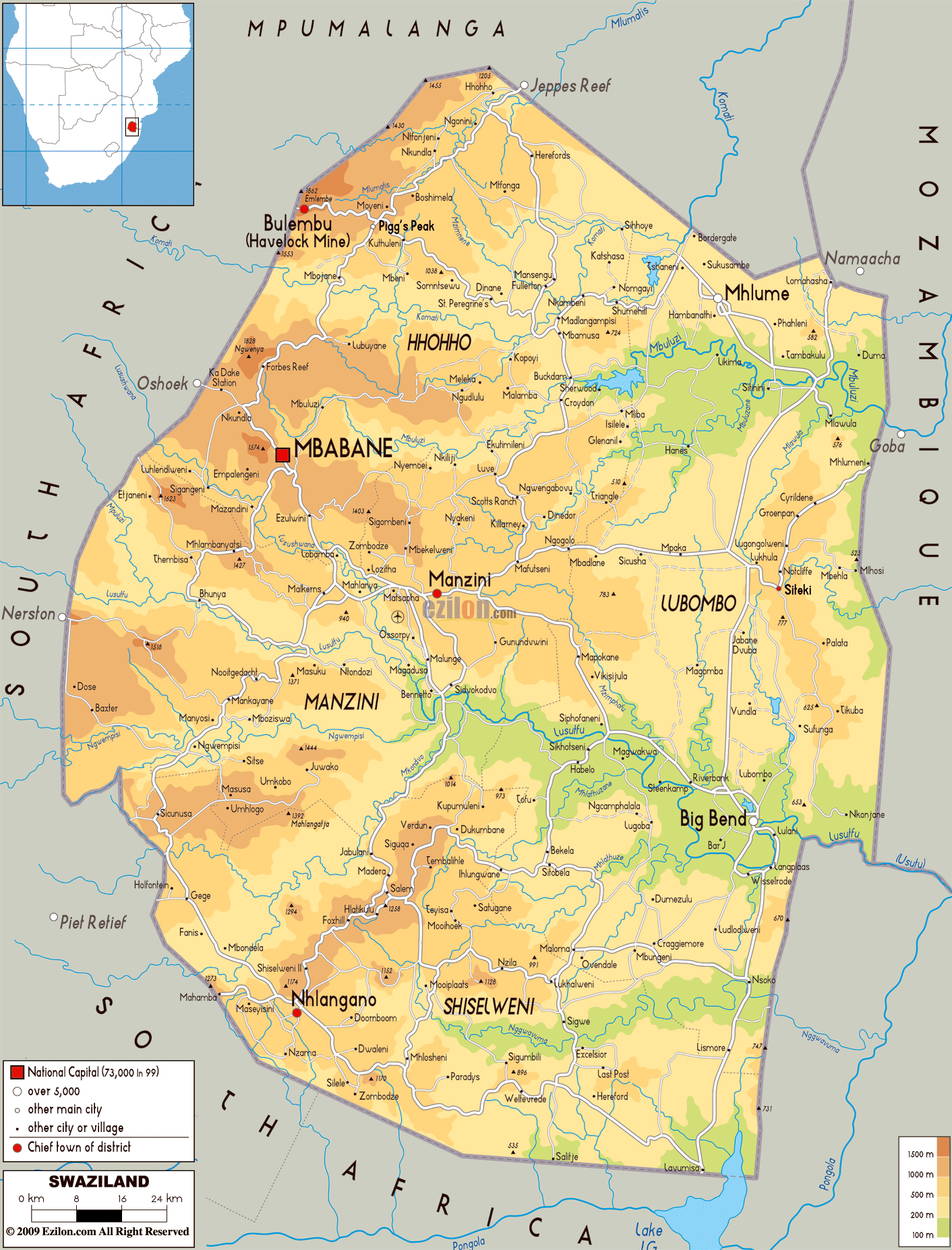 Large physical map of Swaziland with roads cities and Large physical map of Swaziland with roads cities and