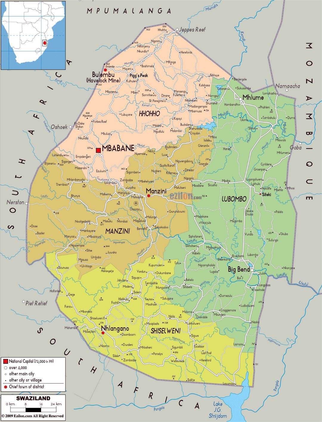 Large political and administrative map of Swaziland with roads, cities and airports