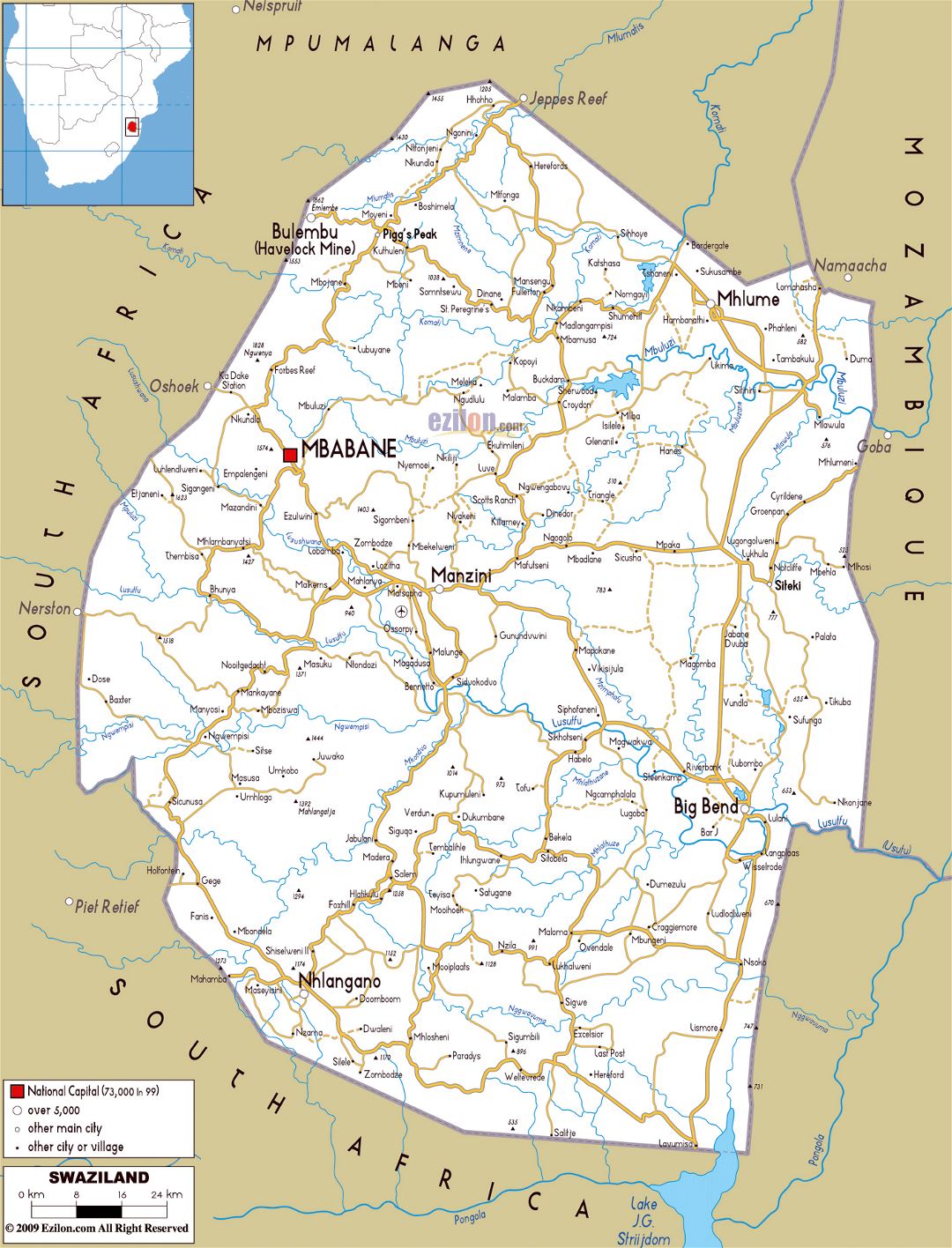 Large road map of Swaziland with cities and airports