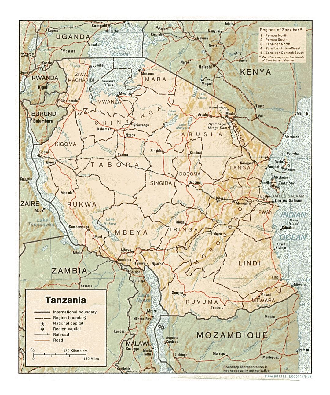 Detailed political and administrative map of Tanzania with relief, roads, railroads and major cities - 1989