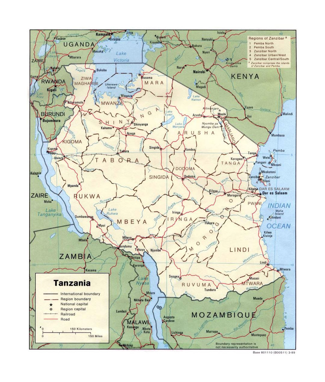 Detailed political and administrative map of Tanzania with roads, railroads and major cities - 1989