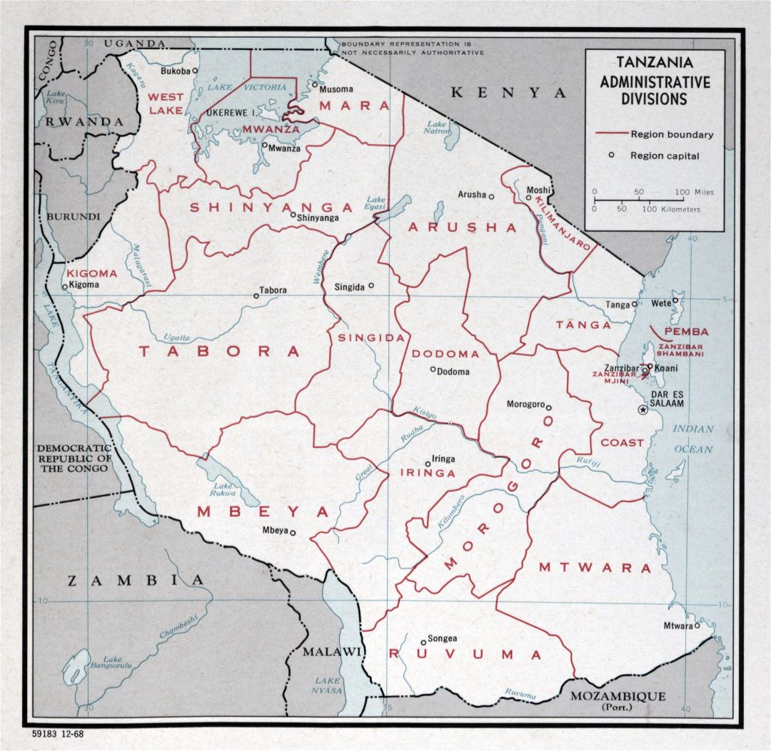 Large detailed administrative divisions map of Tanzania - 1968