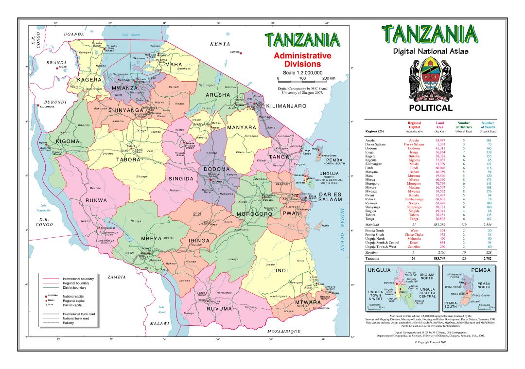 Large detailed administrative divisions map of Tanzania
