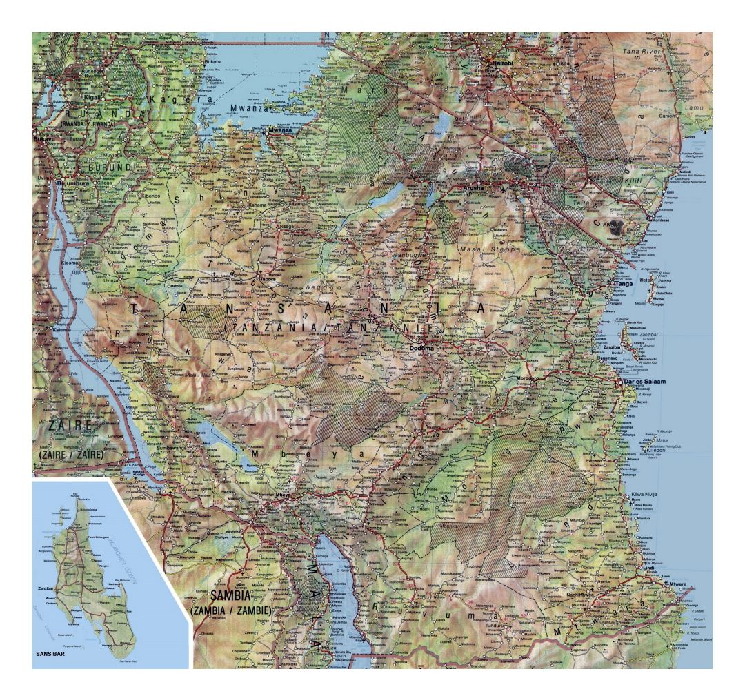 Large detailed map of Tanzania with relief, roads, cities, national parks, airports and other marks