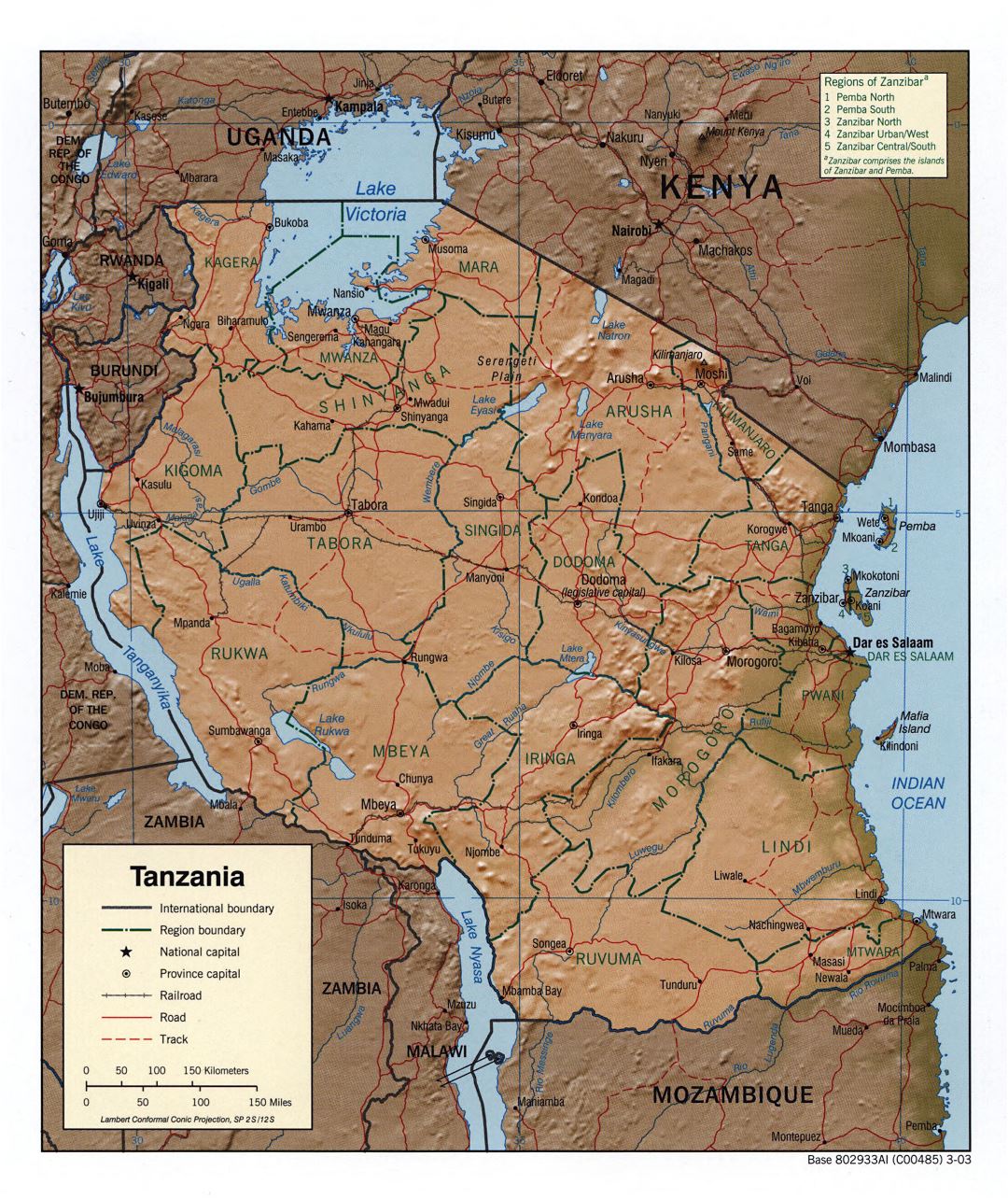 Large detailed political and administrative map of Tanzania with relief, roads, railroads and major cities - 2003