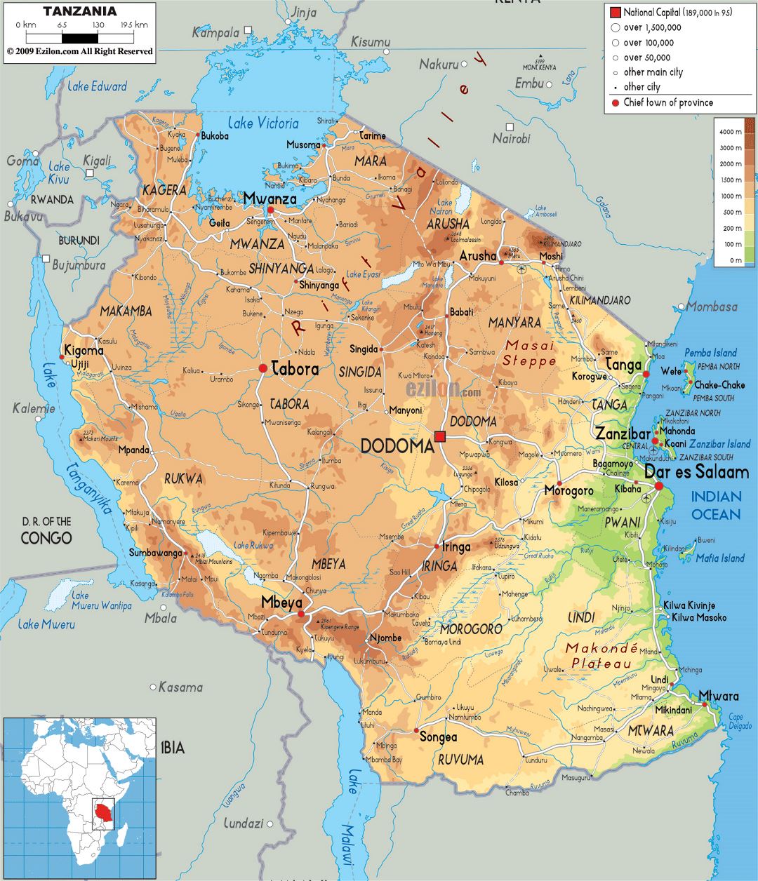 Large physical map of Tanzania with roads, cities and airports