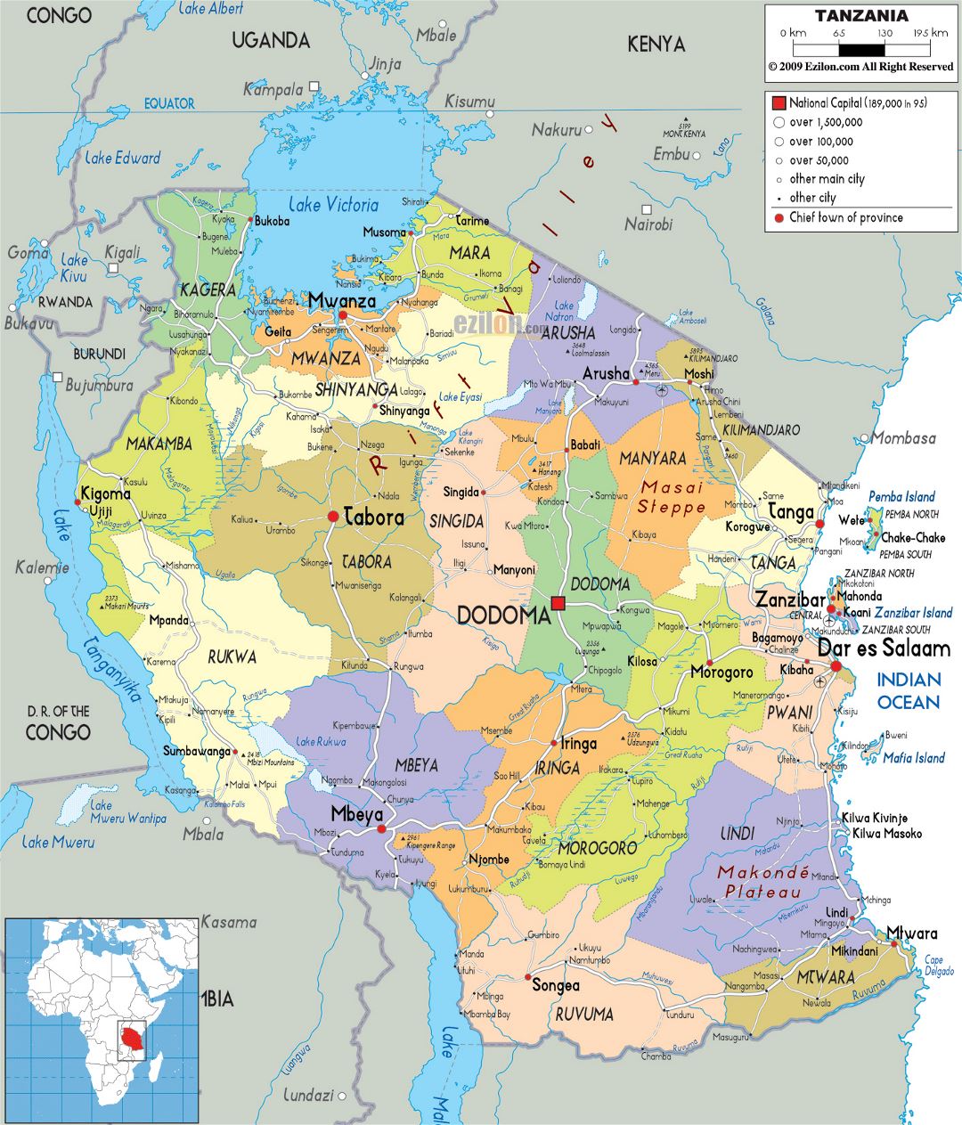 Large political and administrative map of Tanzania with roads, cities and airports