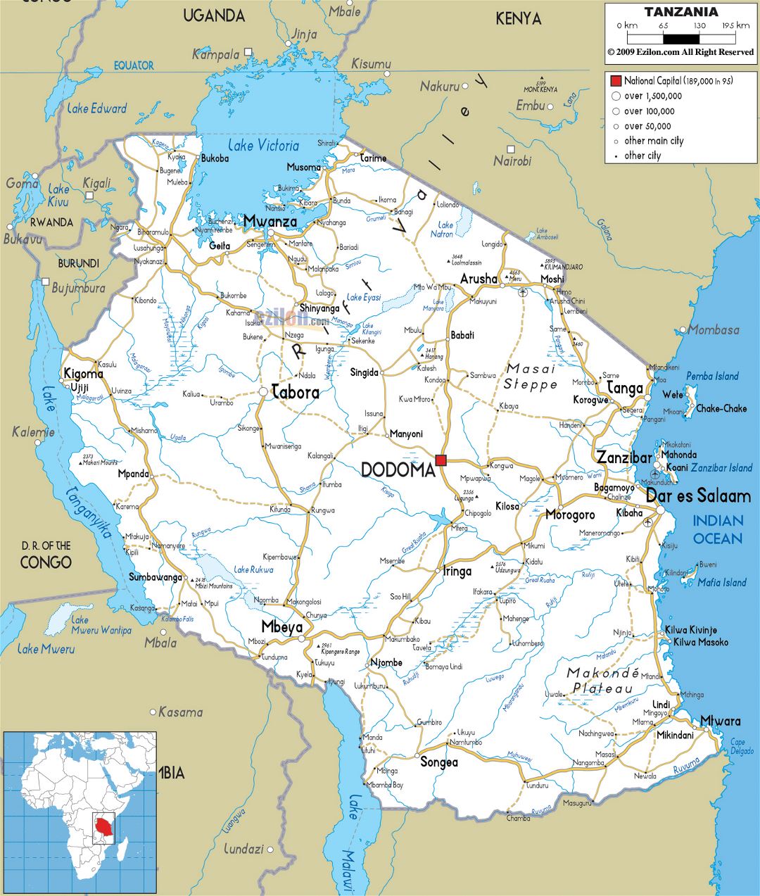 Large road map of Tanzania with cities and airports