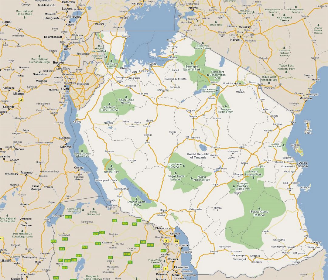 Large road map of Tanzania with cities and national parks