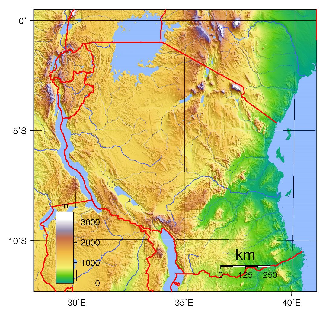 Large topographical map of Tanzania