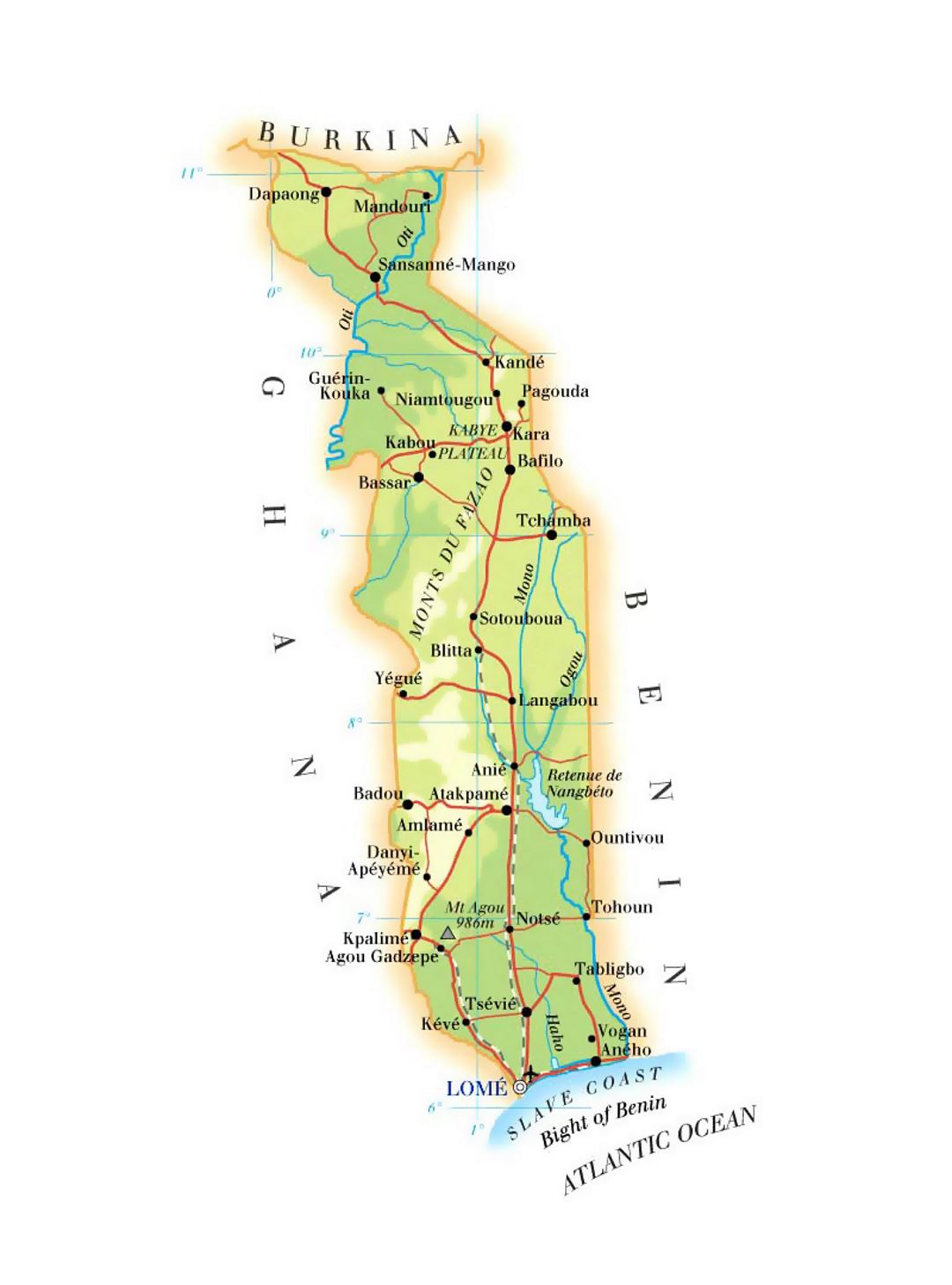 Detailed elevation map of Togo with roads, railroads, cities and airports