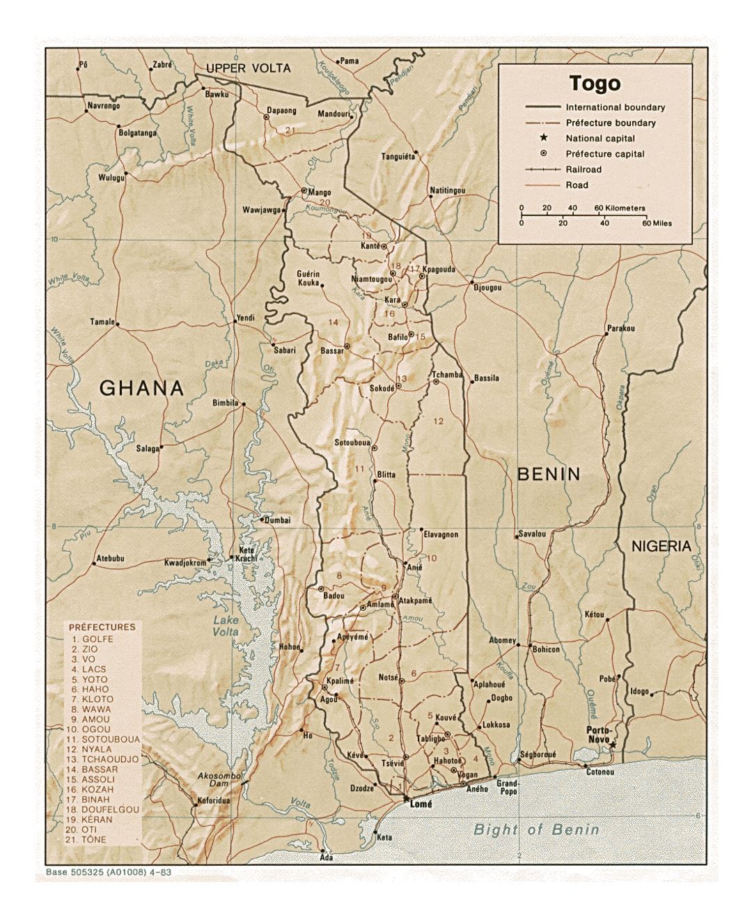 Detailed political and administrative map of Togo with relief, roads, railroads and major cities - 1983