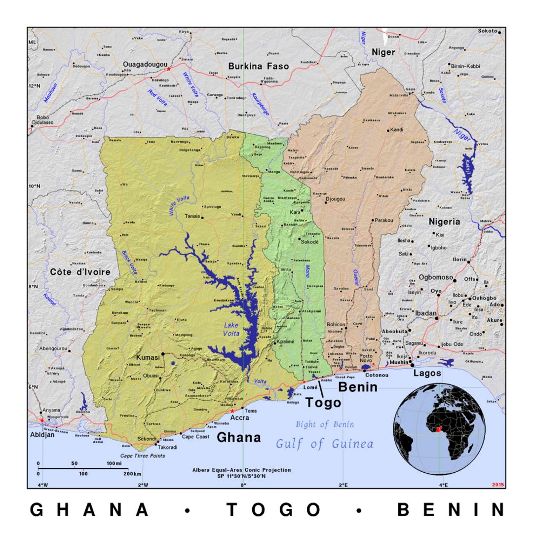 Detailed political map of Ghana, Togo and Benin with relief