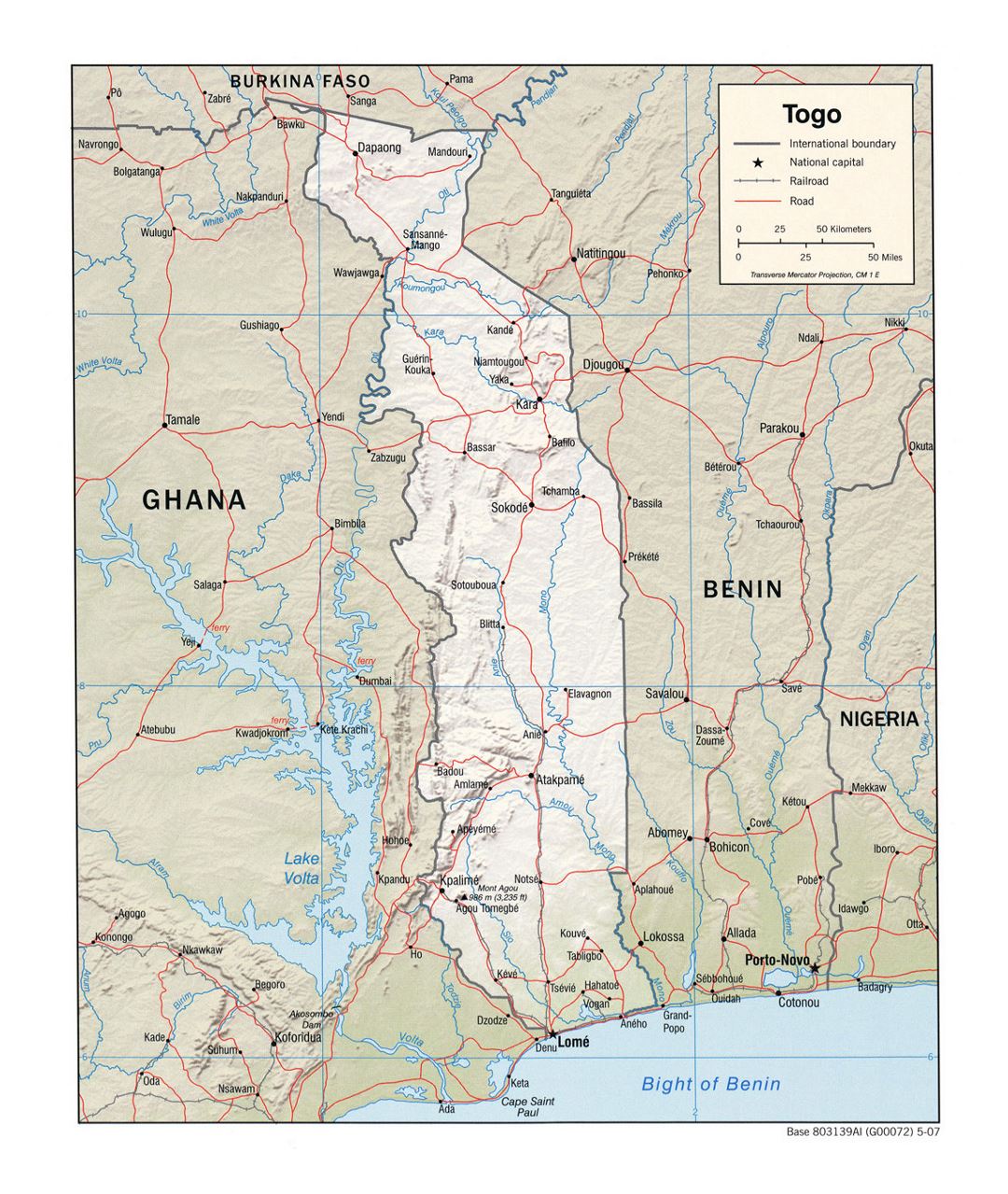 Detailed political map of Togo with relief, roads, railroads and major cities - 2007