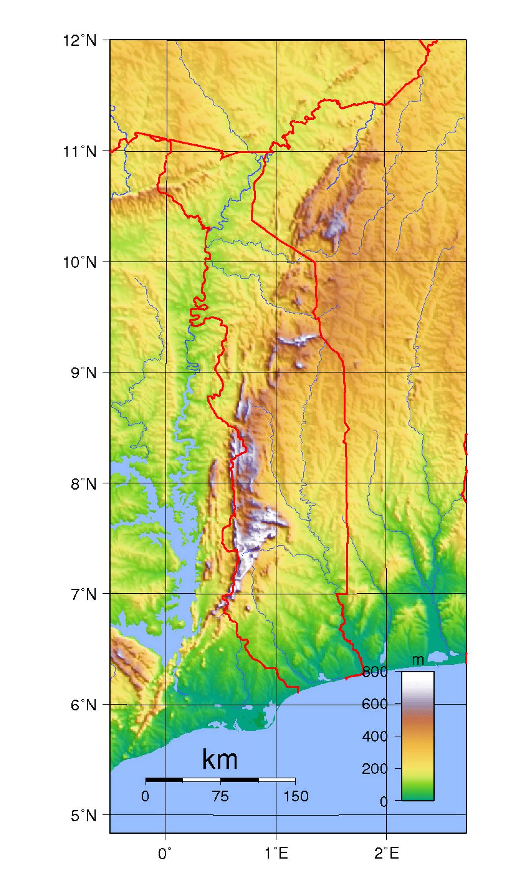 Detailed topographical map of Togo