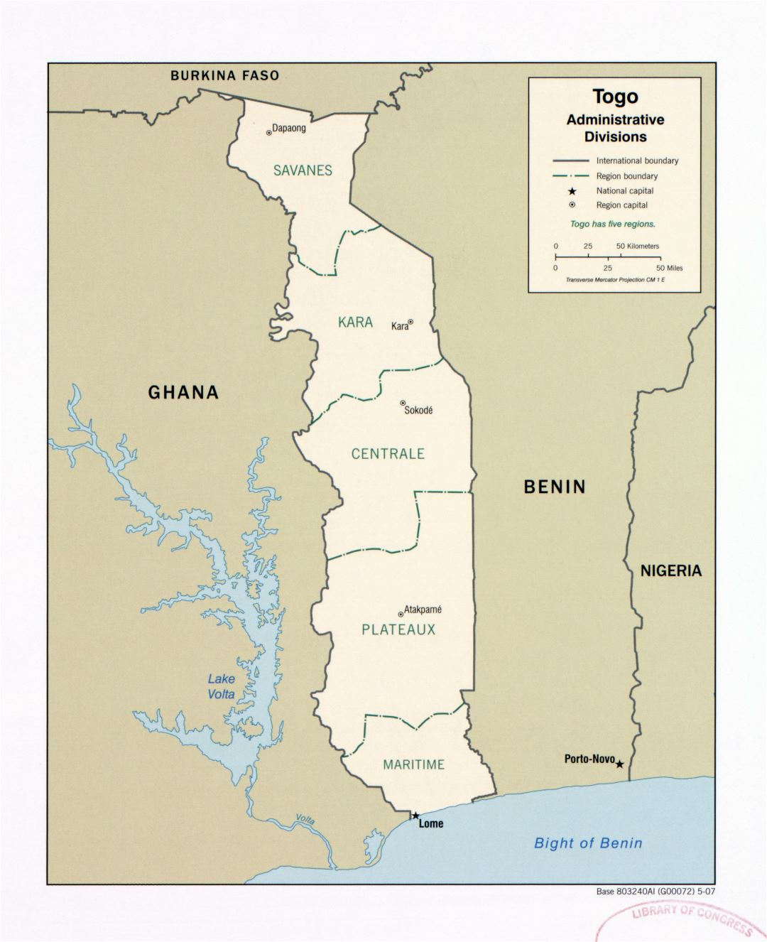 Large detailed administrative divisions map of Togo - 2007
